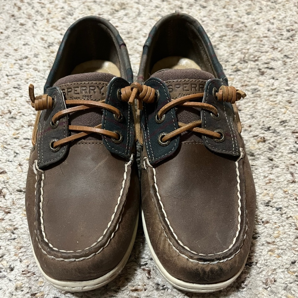 Sperry Leather Boat Shoes - Brown with Green Plaid Trim, Size 8